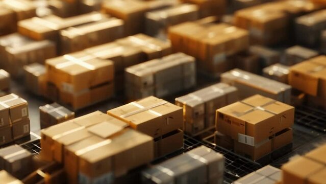 A detailed shot of a factorys shipping area with a large stack of boxes ready to be delivered. The factorys close proximity to customers allows for faster shipping times and