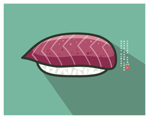 Japanese Tuna Nigiri Sushi. Rice with a fresh piece of fish. Icon with English text like of Japanese characters.