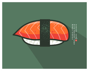Japanese Salmon Nigiri Sushi. Rice with fresh fish and nori seaweed. Icon with English text like of Japanese characters.