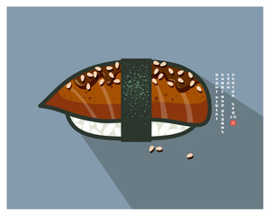 Japanese Unagi Nigiri Sushi. Rice with a fresh piece of eel, nori seaweed and sesame. Icon with English text like of Japanese characters.