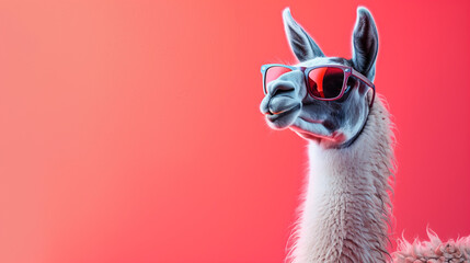 Stylish Llama in Sunglasses on Pink Background - obrazy, fototapety, plakaty
