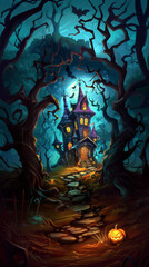 Halloween Haunted House in Spooky Forest at Night