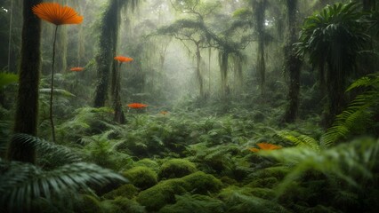 Foggy tropical rainforest with orange flowers and ferns  - obrazy, fototapety, plakaty