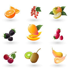 Fruits and berries. Icons set. Oranges, apples, mango, kiwi, pears and different berries. Vector illustration.