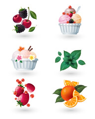 Summer food icons set. Ice cream, fruits and berries. Fresh dessert illustration.