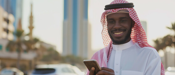Jovem muçulmano afro-americano usando telefone celular ao ar livre