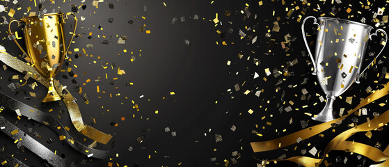 Troféu realista de ouro e prata em fundo preto com confete. Ilustração vetorial
