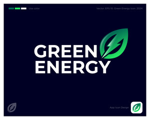 Green Energy logo. Green leaf with energy symbol. Green technology emblem. Identity, app icon.