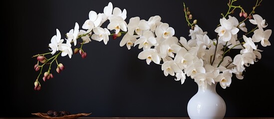A white vase filled with white flowers sits atop a wooden table, creating a clean and elegant home decor arrangement.