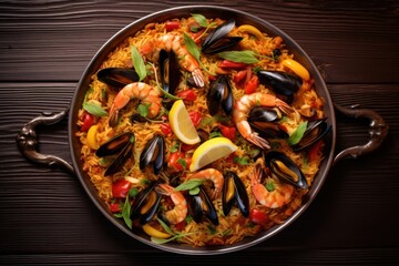 Traditional Spanish paella with seafood and chicken. Prepared in wook