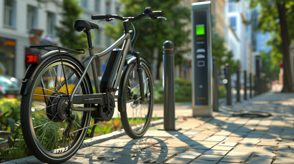 Electric Bicycle Parked at City Charging Station