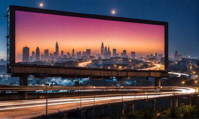 Billboard standing tall beside a bustling highway under a night sky