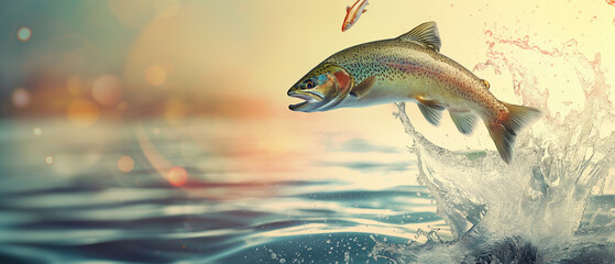 Truta arco-íris saltando da água com salpicos de água. - obrazy, fototapety, plakaty