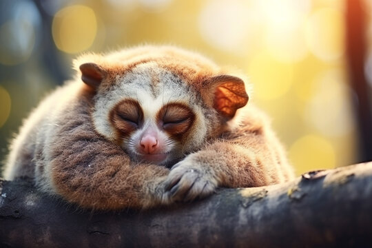 slow loris sleeping on tree, forest background, sunny weather
