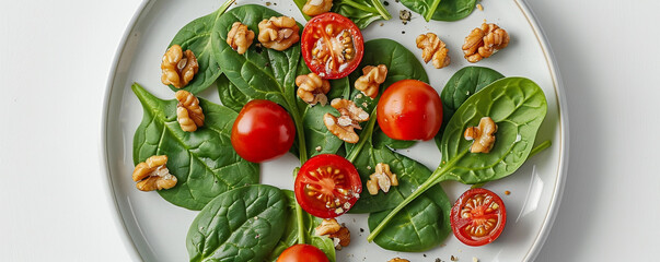 A symmetrical layout of spinach leaves, cherry tomatoes, and walnuts on a white ceramic plate. Top view space to copy.