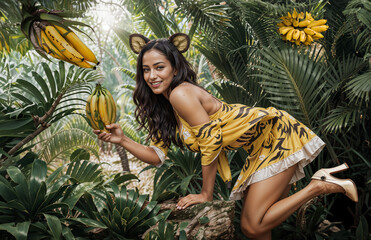 Tropical girl picking bananas in the jungle wearing a yellow dress