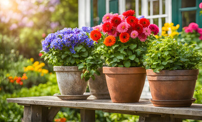 Fototapeta na wymiar An array of terracotta flowerpots cradling an assortment of colorful flowers, captured with a shallow depth of field