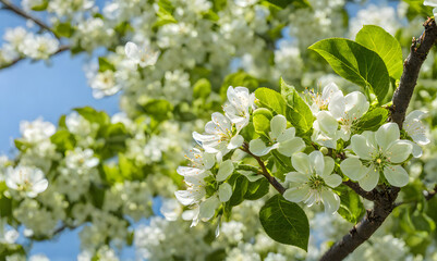 Fototapeta premium Green apple-laden tree focal point, lush garden
