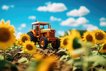 A tilt shift shot capturing toy tractor  in a vibrant sunflower field, presenting a delightful...