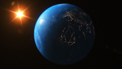 City Light Eos Coin 3D Illustration Symbol on the Earth Background. Eos Coin Logo on Earth Background.