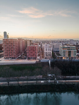 Aerial shot of the Athletes' Olympic Village for the Olympic Games of Paris 2024, Saint-Ouen, Ile-de-France, France