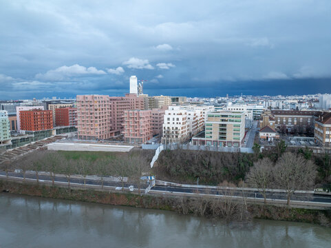Aerial shot of the Athletes' Olympic Village for the Olympic Games of Paris 2024, Saint-Ouen, Ile-de-France, France