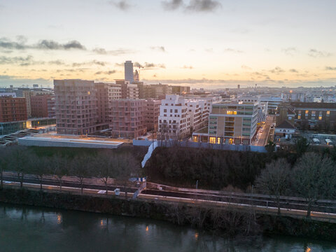 Aerial shot of the Athletes' Olympic Village for the Olympic Games of Paris 2024, Saint-Ouen, Ile-de-France, France