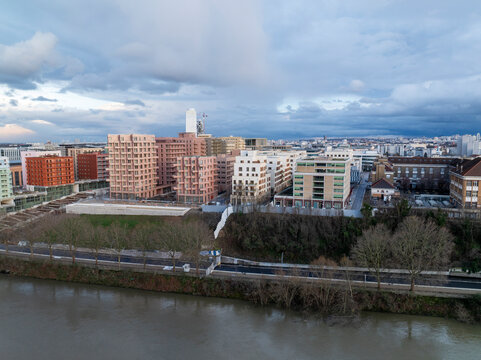 Aerial shot of the Athletes' Olympic Village for the Olympic Games of Paris 2024, Saint-Ouen, Ile-de-France, France