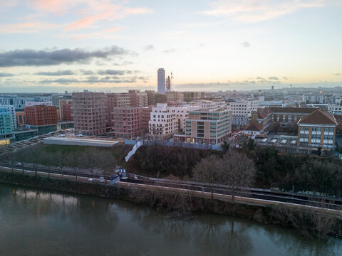 Aerial shot of the Athletes' Olympic Village for the Olympic Games of Paris 2024, Saint-Ouen, Ile-de-France, France