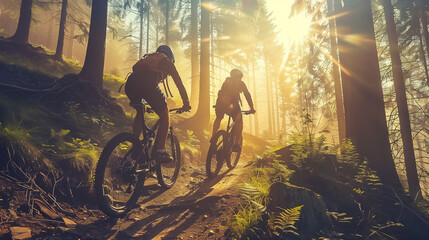 Adventurous Couple Mountain Biking on Forest Trail