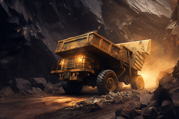 mining truck carrying mining materials in the pit  - obrazy, fototapety, plakaty