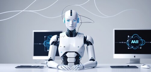 A humanoid robot appears in a pose of contemplation, surrounded by multiple screens, possibly analyzing data or solving complex problems. - obrazy, fototapety, plakaty
