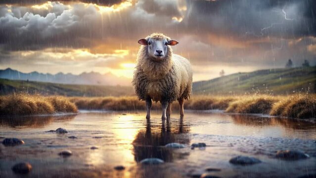 a sheep in a mud puddle during the rain with lightning striking