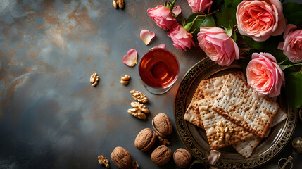 Obraz na płótnie Canvas Matzah, walnuts, a glass of wine and roses on a gray background, Passover