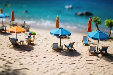 A beautifully crafted diorama capturing a miniature beach scene, complete with vibrant umbrellas and tiny chairs, using tilt shift lens