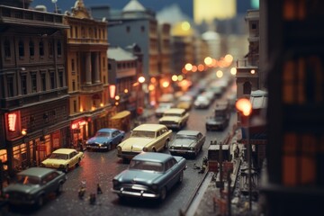 Fototapeta na wymiar Tilt shift lens brings to life a miniature diorama of a busy city street in the evening, glowing with the warm lights of cars and street lamps