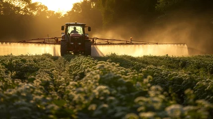 Fotobehang Farming tractor spraying plants in a field. © Ahtesham