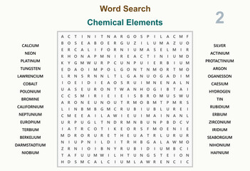 Word search puzzle vector (Word find game) illustration. Chemical elements 2 - obrazy, fototapety, plakaty