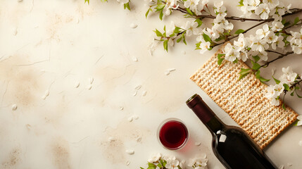 Obraz na płótnie Canvas Jewish matzah, a bottle of wine and spring flowers on a light background, Passover