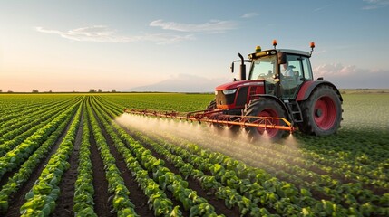 Farming tractor spraying plants in a field. - obrazy, fototapety, plakaty
