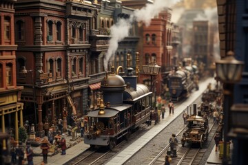 Diorama of a steampunk train gliding through a bustling city street, with a tilt shift effect that...