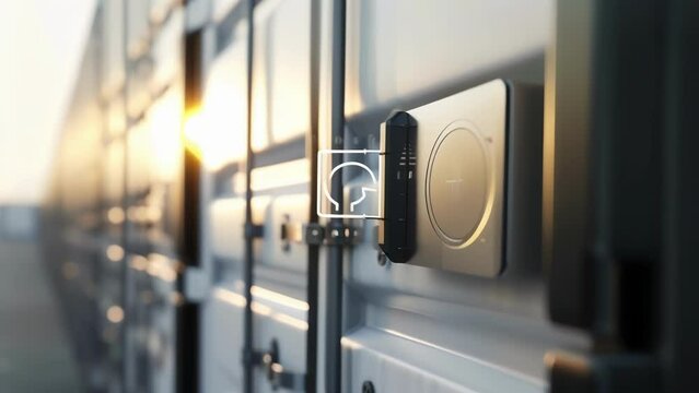 A closeup of a smart tag attached to a shipping container providing realtime location updates and ensuring efficient tracking and delivery of ets.