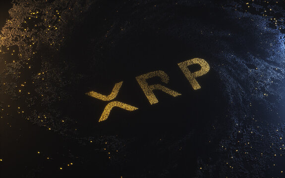 Xrp Coin Logo. 3D Illustration of Gold Xrp Coin Logo on the Black Digital Background.