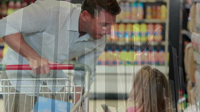 Animation of financial data processing over caucasian father with daughter grocery shopping