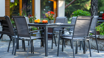 Fototapeta na wymiar Gray Metal Table With 4 Chairs Outdoor In The Home