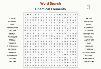 Word search puzzle vector (Word find game) illustration. Chemical elements 3
