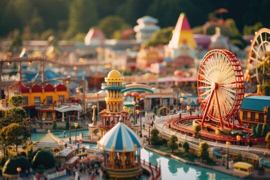 amusement park diorama, complete with colorful rides and attractions, under the magical effect of tilt-shift, evoking a whimsical miniature world