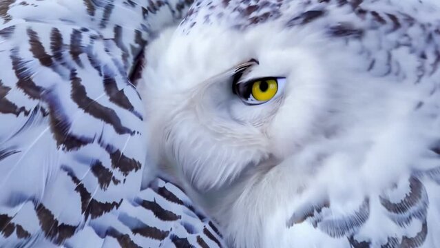 Closeup of a snowy owls intricate feather pattern with delicate white and gray markings creating a camouflage against the snowy terrain.