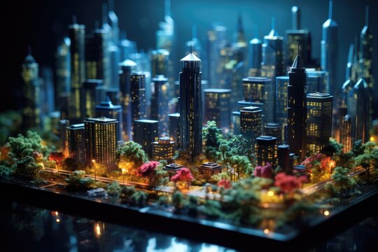 Diorama depicting a futuristic megapolis in biopunk style, complete with vibrant neon lights and lush greenery, enhanced by a tilt-shift effect