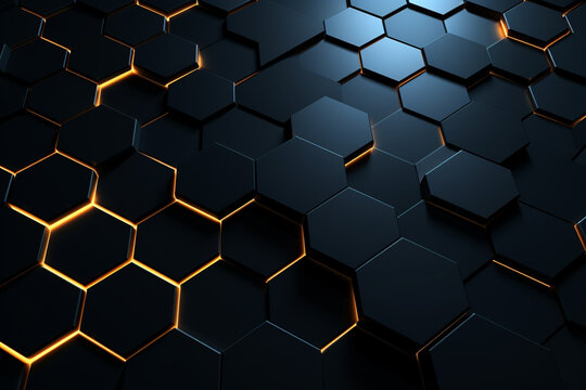 Abstract hexagon geometry background. 3d render of simple primitives with six angles in front. Dark